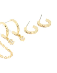 Gold Plated Brass Double Diamante Hoop & Stud Earrings 4-Pack