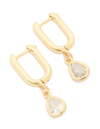 Gold Plated Cubic Zirconia Teardrop Drop Huggie Earrings