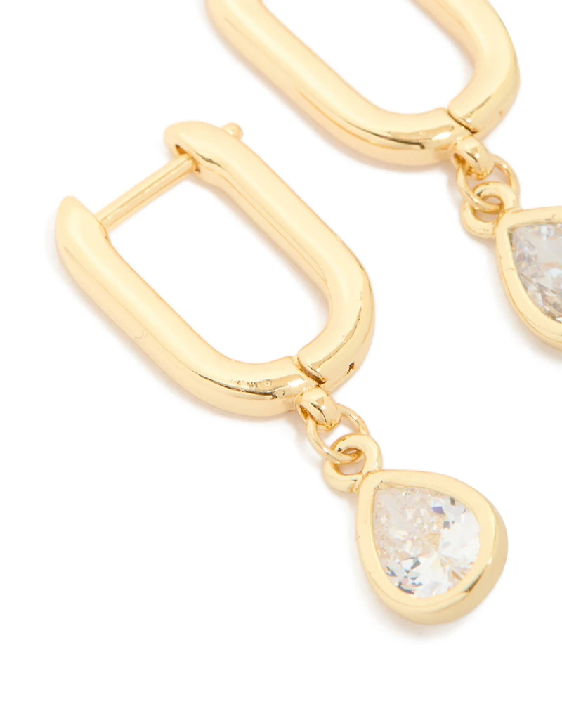Gold Plated Cubic Zirconia Teardrop Drop Huggie Earrings
