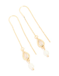 Gold Plated Freshwater Pearl & Cubic Zirconia Threader Drop Earrings