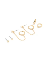 Gold Plated Cubic Zirconia Chain & Huggie Earrings 4-Pack