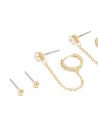 Gold Plated Cubic Zirconia Chain & Huggie Earrings 4-Pack