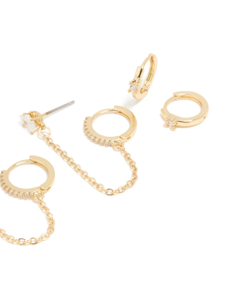 Gold Plated Cubic Zirconia Chain & Huggie Earrings 4-Pack