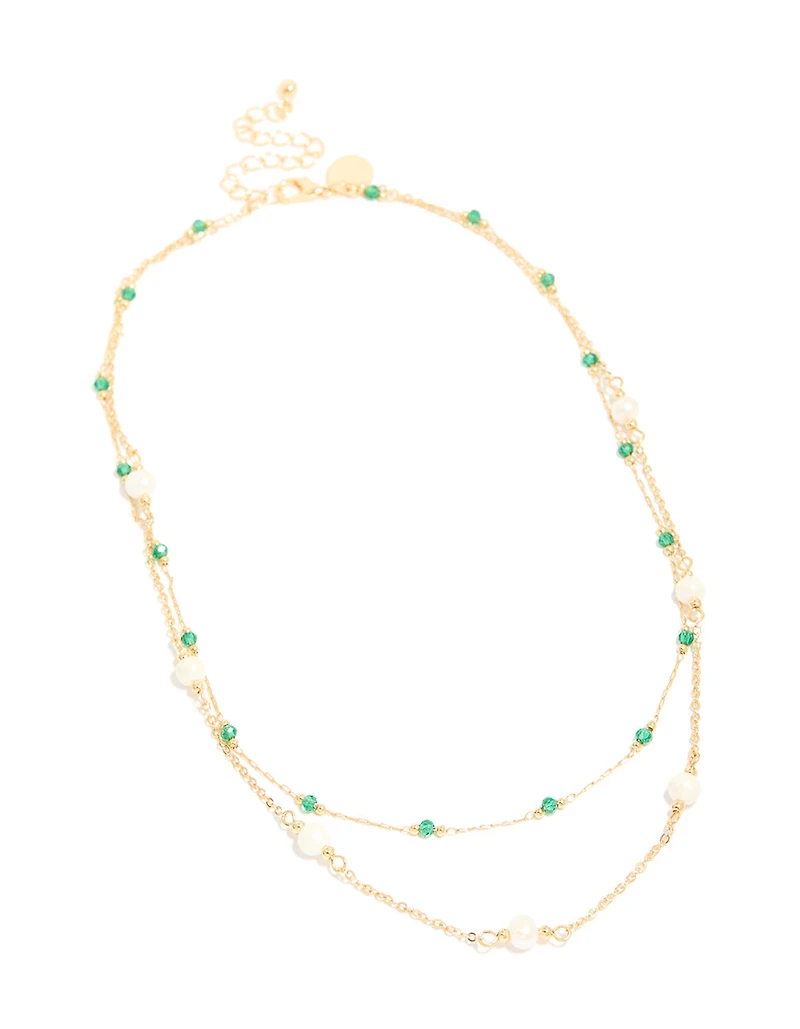 Gold Plated Emerald Stone & Pearl Layered Necklace