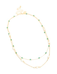 Gold Plated Emerald Stone & Pearl Layered Necklace