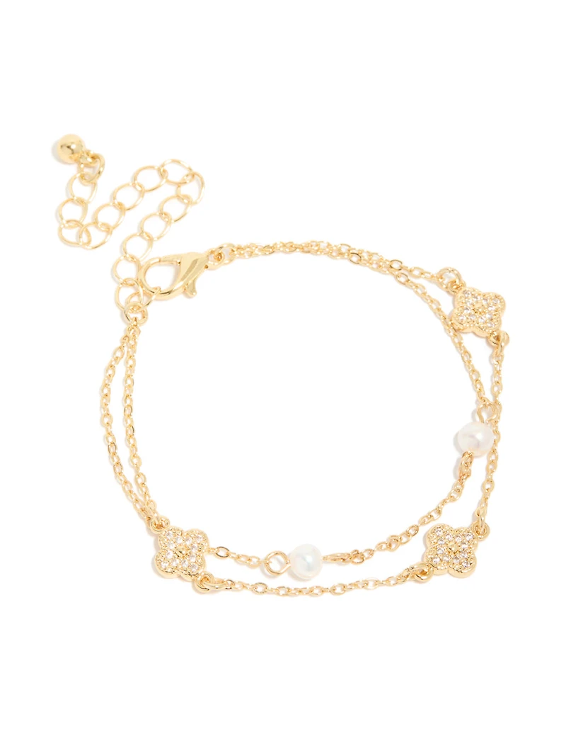 Gold Plated Cubic Zirconia Flower & Freshwater Pearl Layered Bracelet