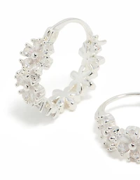 Silver Plated Cubic Zirconia Flower Huggie Earrings