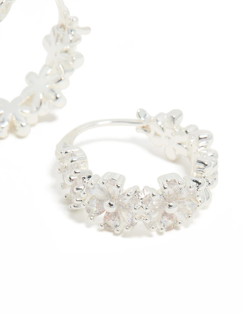 Silver Plated Cubic Zirconia Flower Huggie Earrings