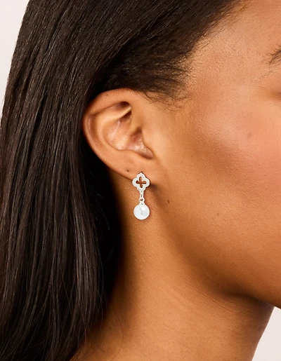 Silver Plated Cubic Zirconia Outline Flower & Pearl Earrings