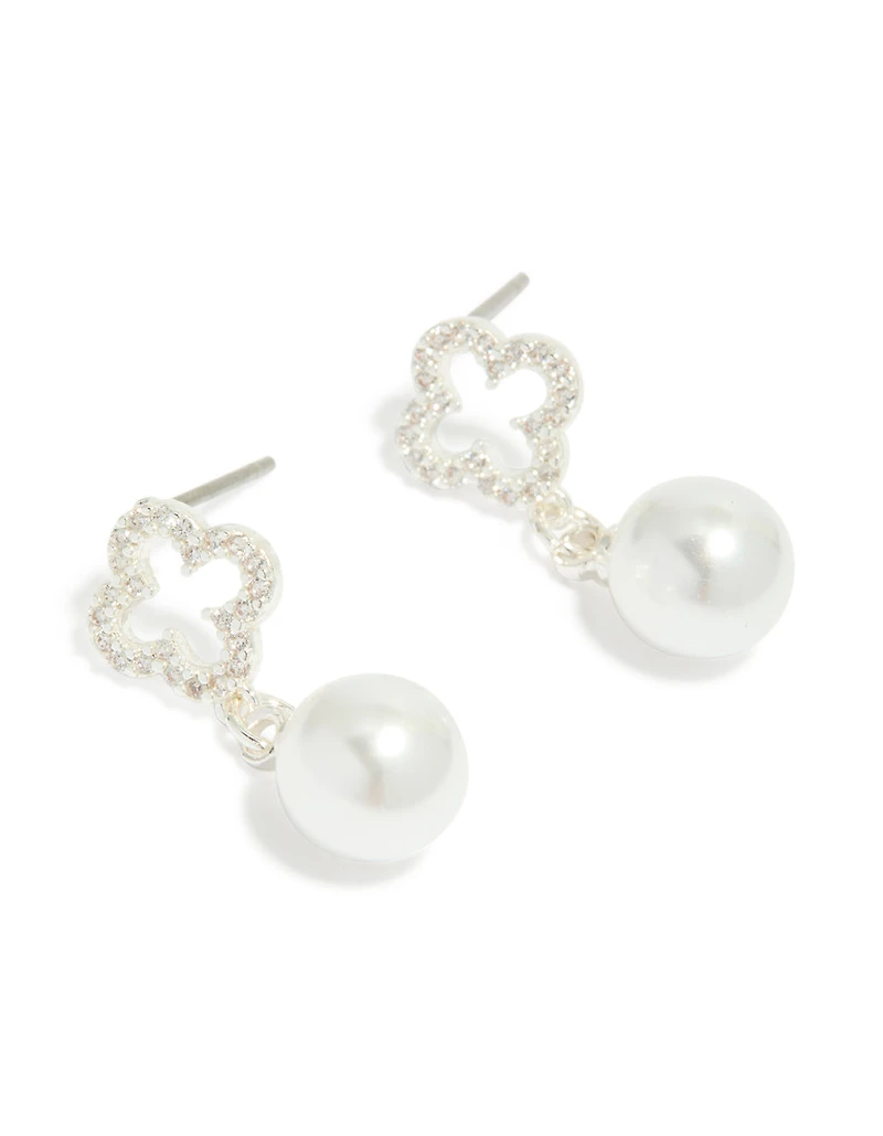 Silver Plated Cubic Zirconia Outline Flower & Pearl Earrings