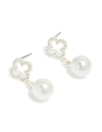 Silver Plated Cubic Zirconia Outline Flower & Pearl Earrings