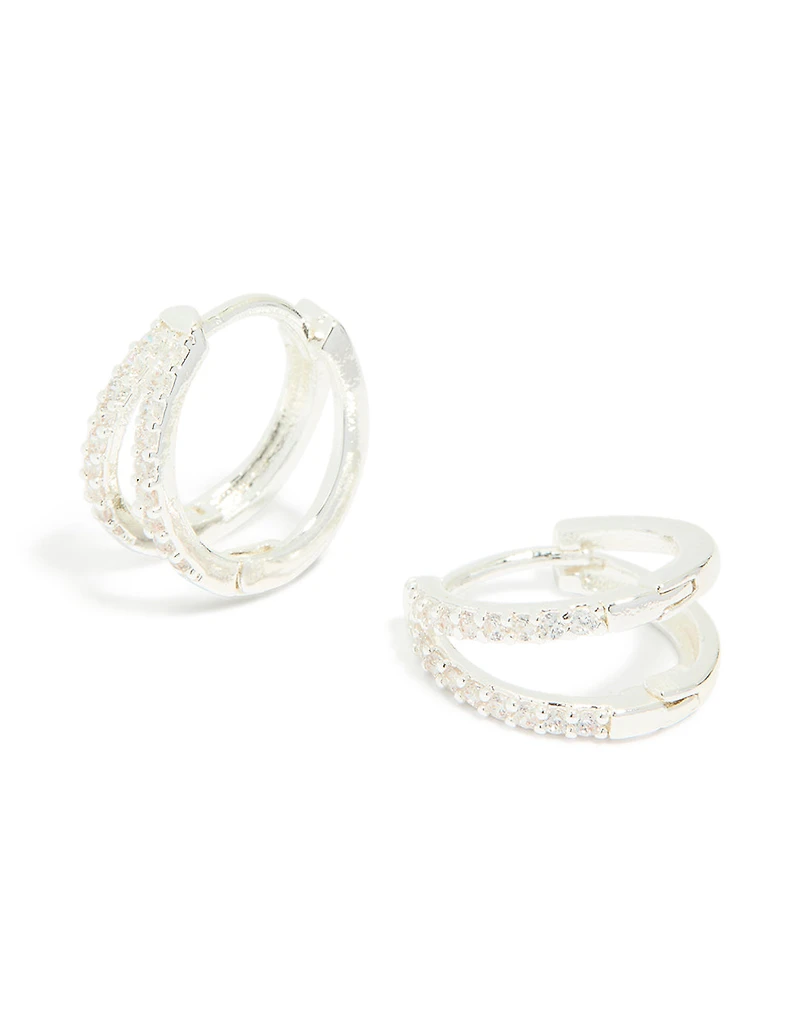 Silver Plated Cubic Zirconia Double Layered Small Huggie Earrings