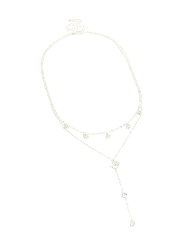Larme en zircone cubique plaqué argent et collier en Y rond en couches