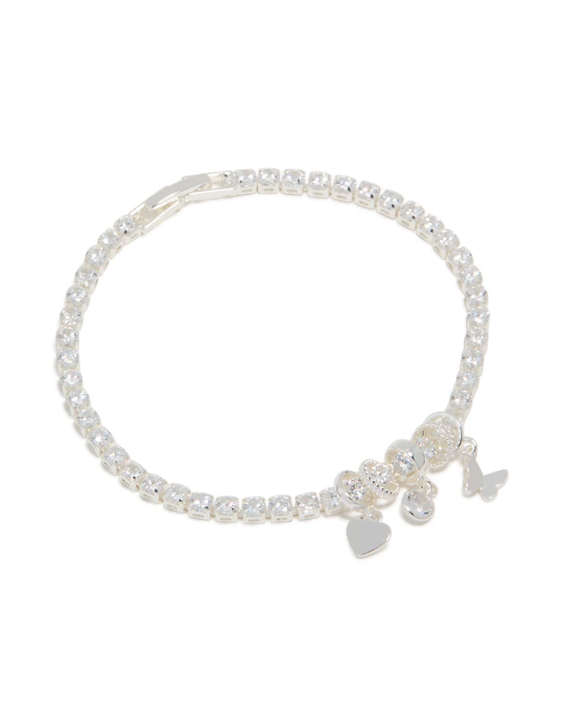 Silver Plated Cubic Zirconia Mixed Charm Tennis Bracelet