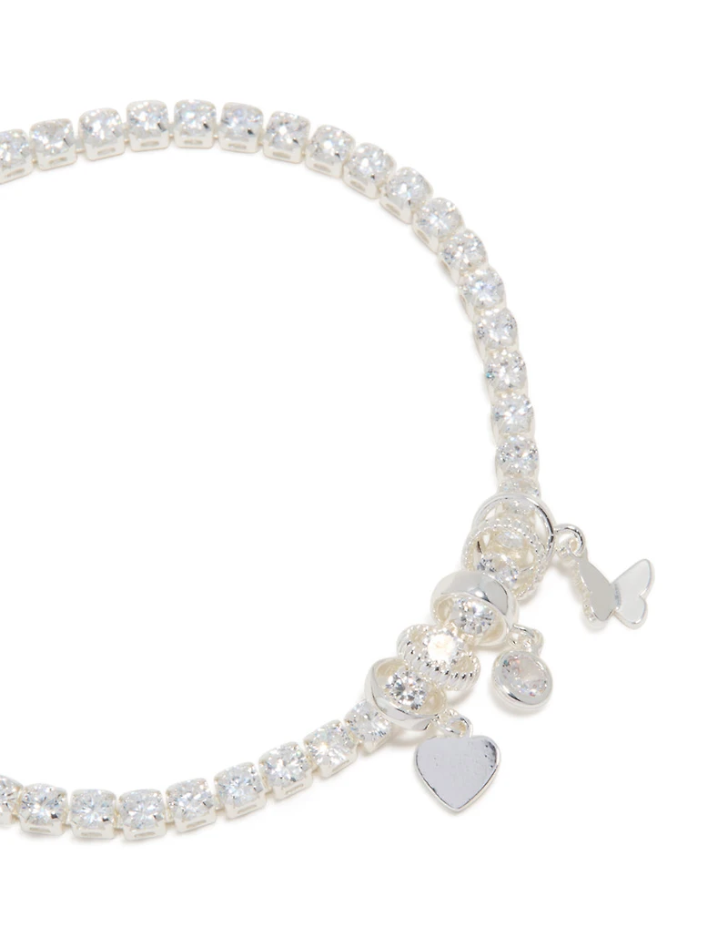 Silver Plated Cubic Zirconia Mixed Charm Tennis Bracelet