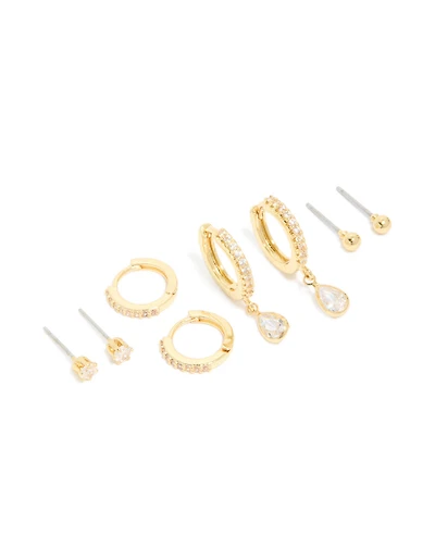 Gold Plated Brass Cubic Zirconia April Birthstone Earrings 4 Pack