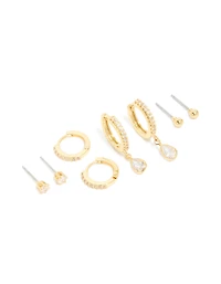 Gold Plated Brass Cubic Zirconia April Birthstone Earrings 4 Pack