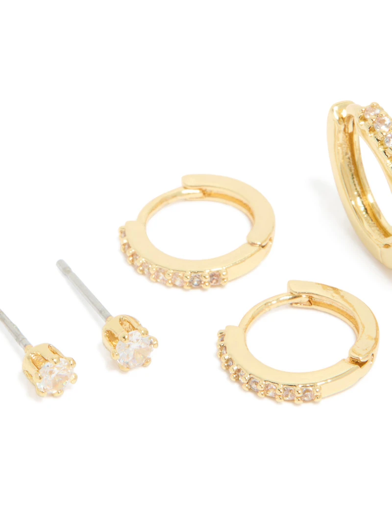 Gold Plated Brass Cubic Zirconia April Birthstone Earrings 4 Pack