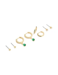 Gold Plated Brass Emerald Cubic Zirconia May Birthstone Earrings 4-Pack