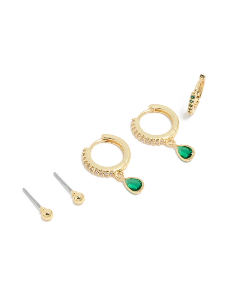 Gold Plated Brass Emerald Cubic Zirconia May Birthstone Earrings 4-Pack