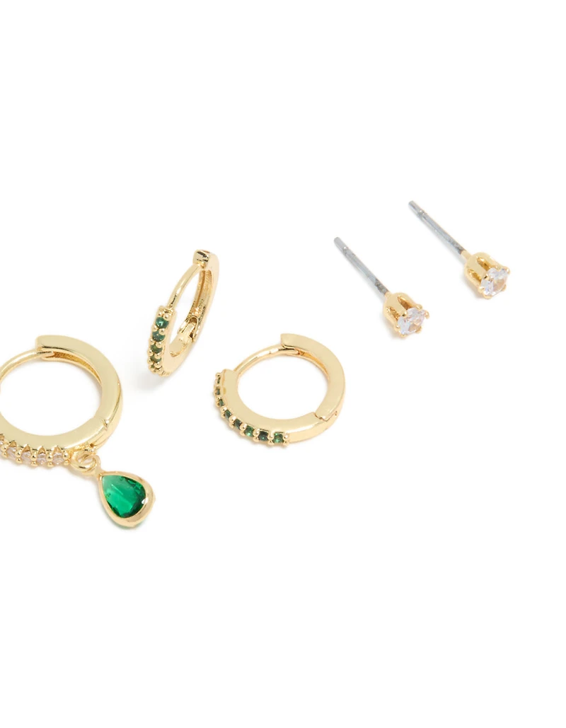 Gold Plated Brass Emerald Cubic Zirconia May Birthstone Earrings 4-Pack