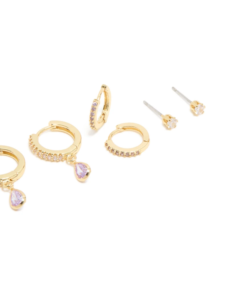 Gold Plated Brass Light Amethyst Cubic Zirconia June Birthstone Earrings 4-Pack