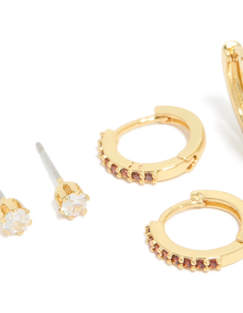 Gold Plated Brass Garnet Cubic Zirconia January Birthstone Earrings 4-Pack