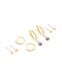 Boucles d’oreilles en pierres de naissance cubiques en laiton en laiton et améthyste plaquées or en paquet de 4