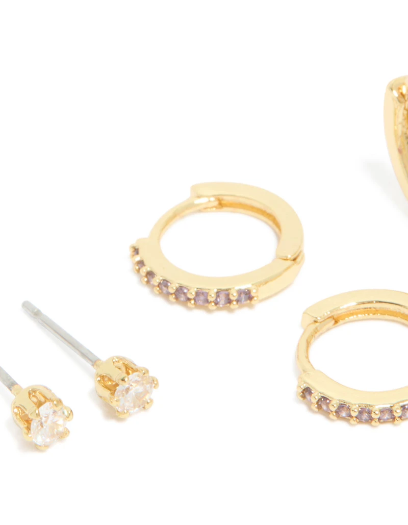 Boucles d’oreilles en pierres de naissance cubiques en laiton en laiton et améthyste plaquées or en paquet de 4