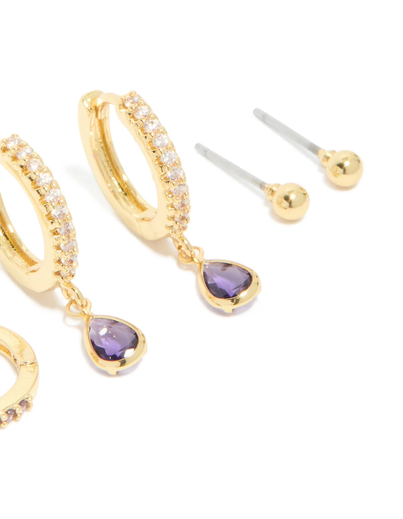 Boucles d’oreilles en pierres de naissance cubiques en laiton en laiton et améthyste plaquées or en paquet de 4