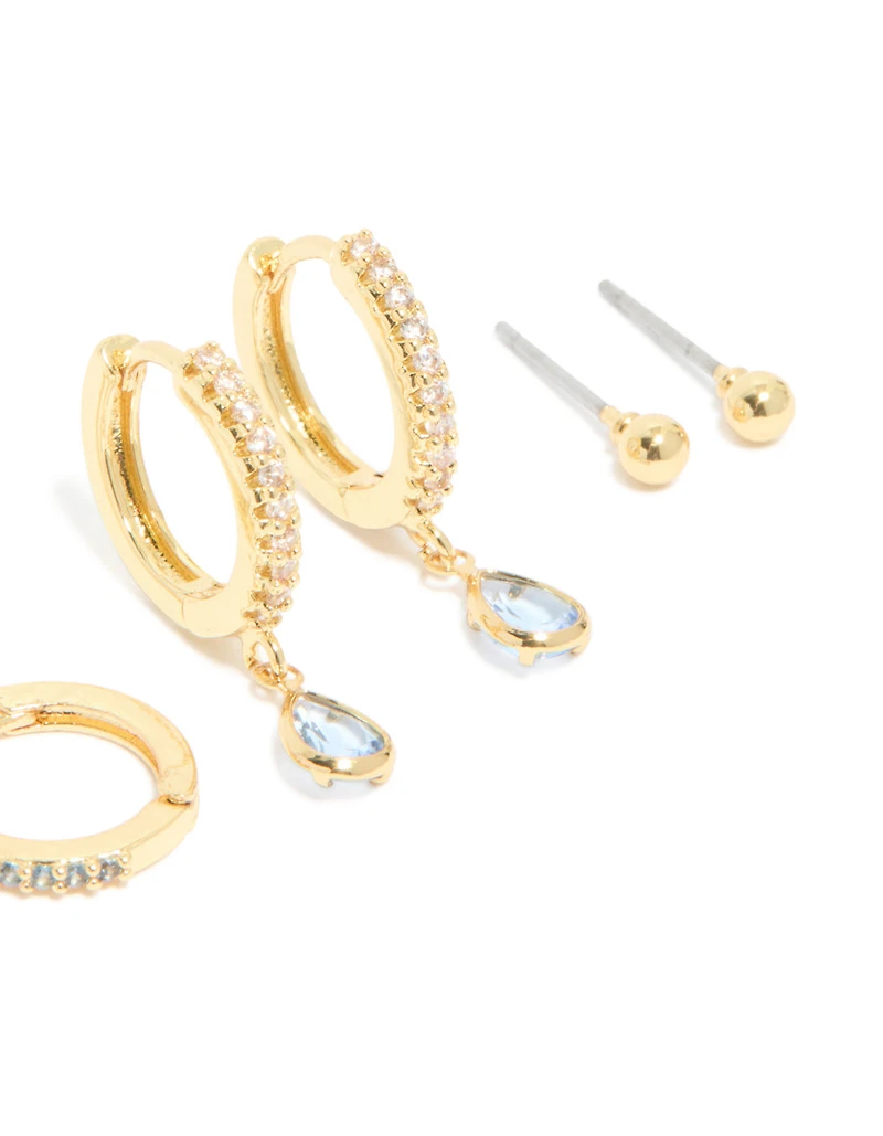 Gold Plated Brass Aquamarine Cubic Zirconia March Birthstone Earrings 4-Pack