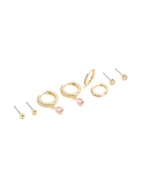 Gold Plated Brass Pink Tourmaline October Birthstone Earrings 4-Pack