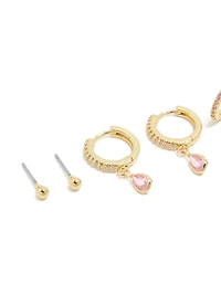 Gold Plated Brass Pink Tourmaline October Birthstone Earrings 4-Pack