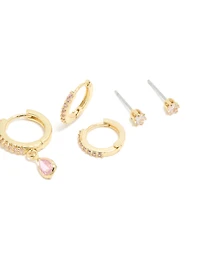 Gold Plated Brass Pink Tourmaline October Birthstone Earrings 4-Pack