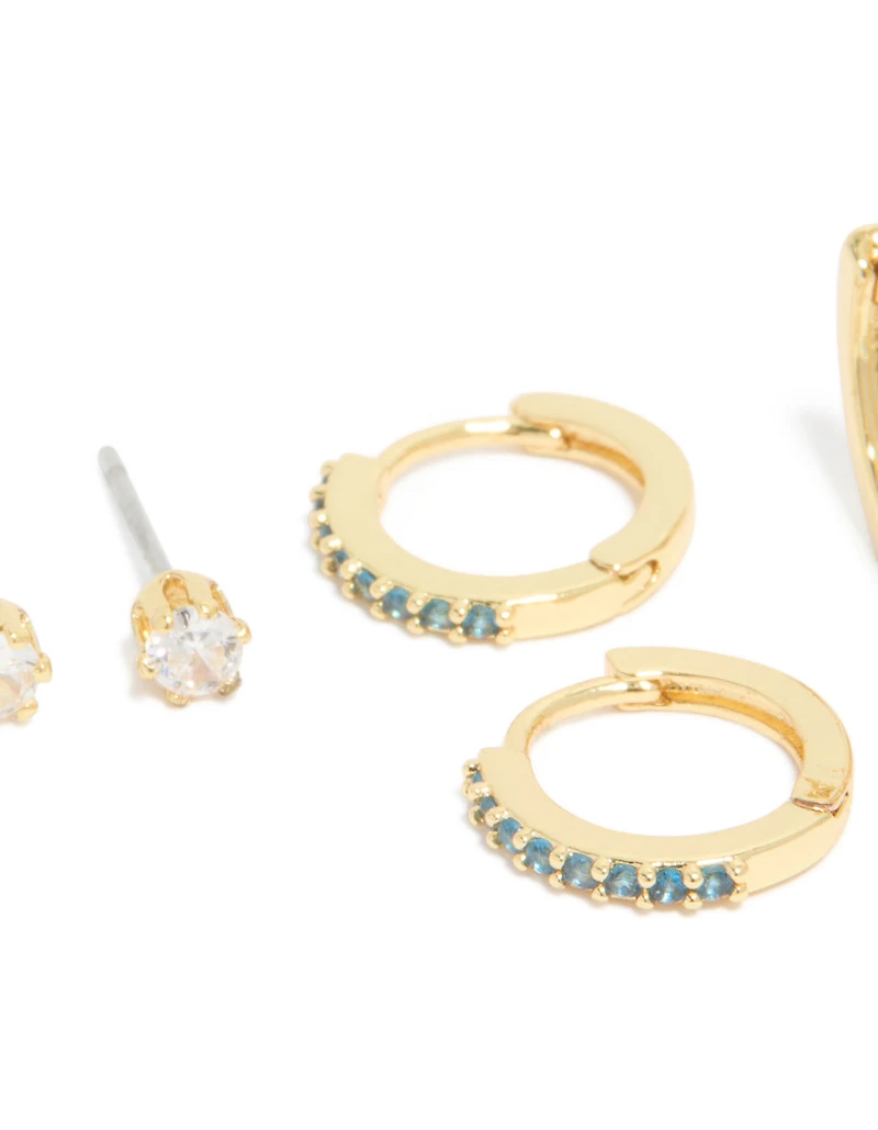 Gold Plated Brass Tanzanite Cubic Zirconia December Birthstone Earrings 4-Pack