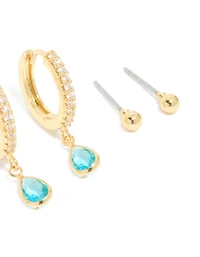 Gold Plated Brass Tanzanite Cubic Zirconia December Birthstone Earrings 4-Pack