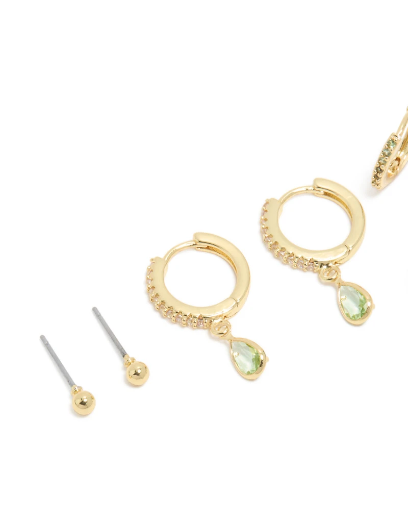 Gold Plated Brass Peridot Cubic Zirconia August Birthstone Earrings 4-Pack