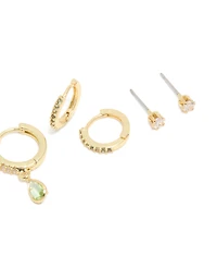 Gold Plated Brass Peridot Cubic Zirconia August Birthstone Earrings 4-Pack