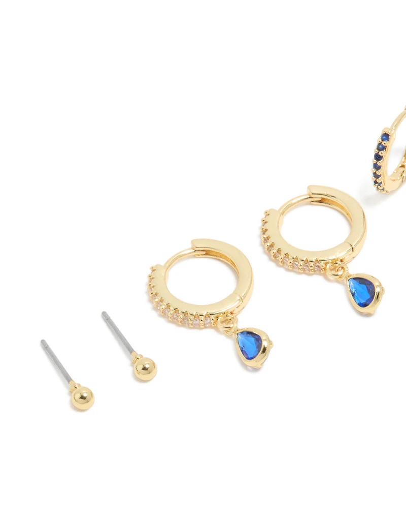 Gold Plated Brass Sapphire Cubic Zirconia September Birthstone Earrings 4-Pack