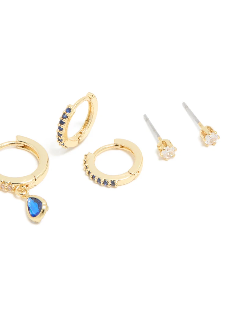 Gold Plated Brass Sapphire Cubic Zirconia September Birthstone Earrings 4-Pack