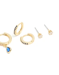 Gold Plated Brass Sapphire Cubic Zirconia September Birthstone Earrings 4-Pack