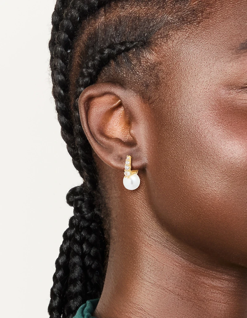 Gold Plated Cubic Zirconia Pavé & Pearl Drop Earrings