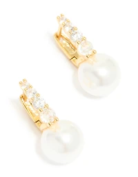 Gold Plated Cubic Zirconia Pavé & Pearl Drop Earrings