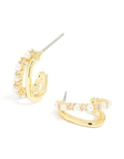 Gold Plated Cubic Zirconia Pearl Inlay Double Layered Open Hoop Earrings