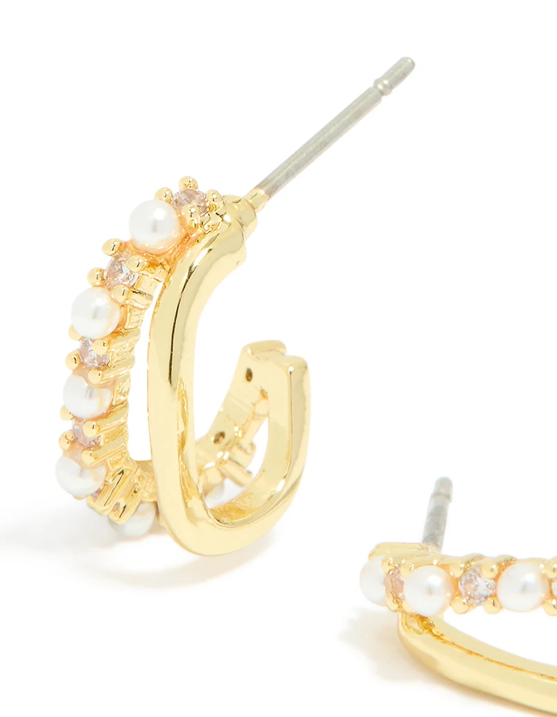 Gold Plated Cubic Zirconia Pearl Inlay Double Layered Open Hoop Earrings