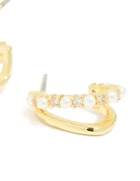 Gold Plated Cubic Zirconia Pearl Inlay Double Layered Open Hoop Earrings