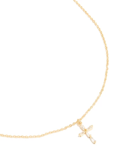 Gold Plated Cubic Zirconia Baguette Cross Necklace