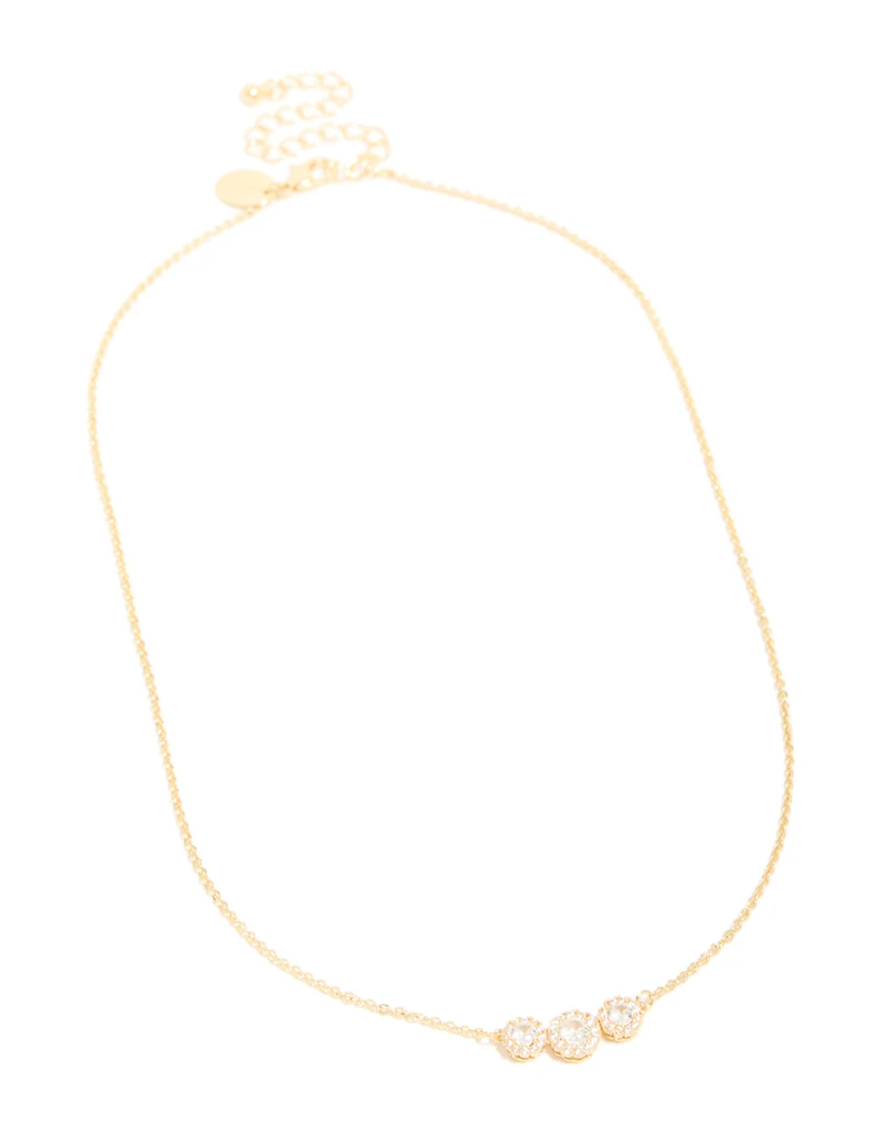 Gold Plated Cubic Zirconia Trio Halo Necklace