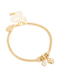 Gold Plated Cubic Zirconia & Heart Charm Bracelet