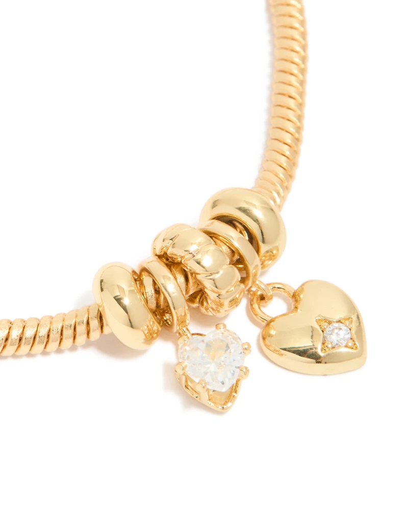 Gold Plated Cubic Zirconia & Heart Charm Bracelet